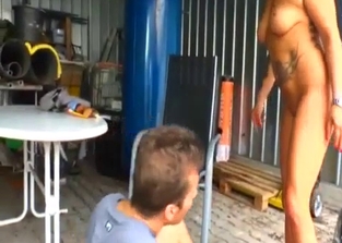 Curly MILF fucking her hung son outdoors